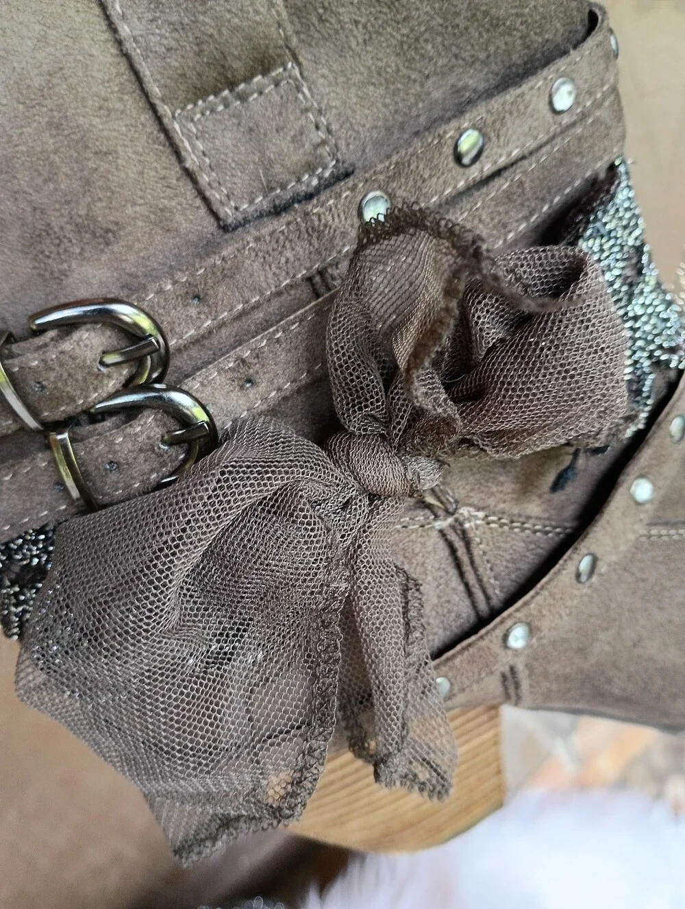 Not Rated Brown Western Studded Sequin Mesh Bow Belt Buckle Ankle Boots Booties
